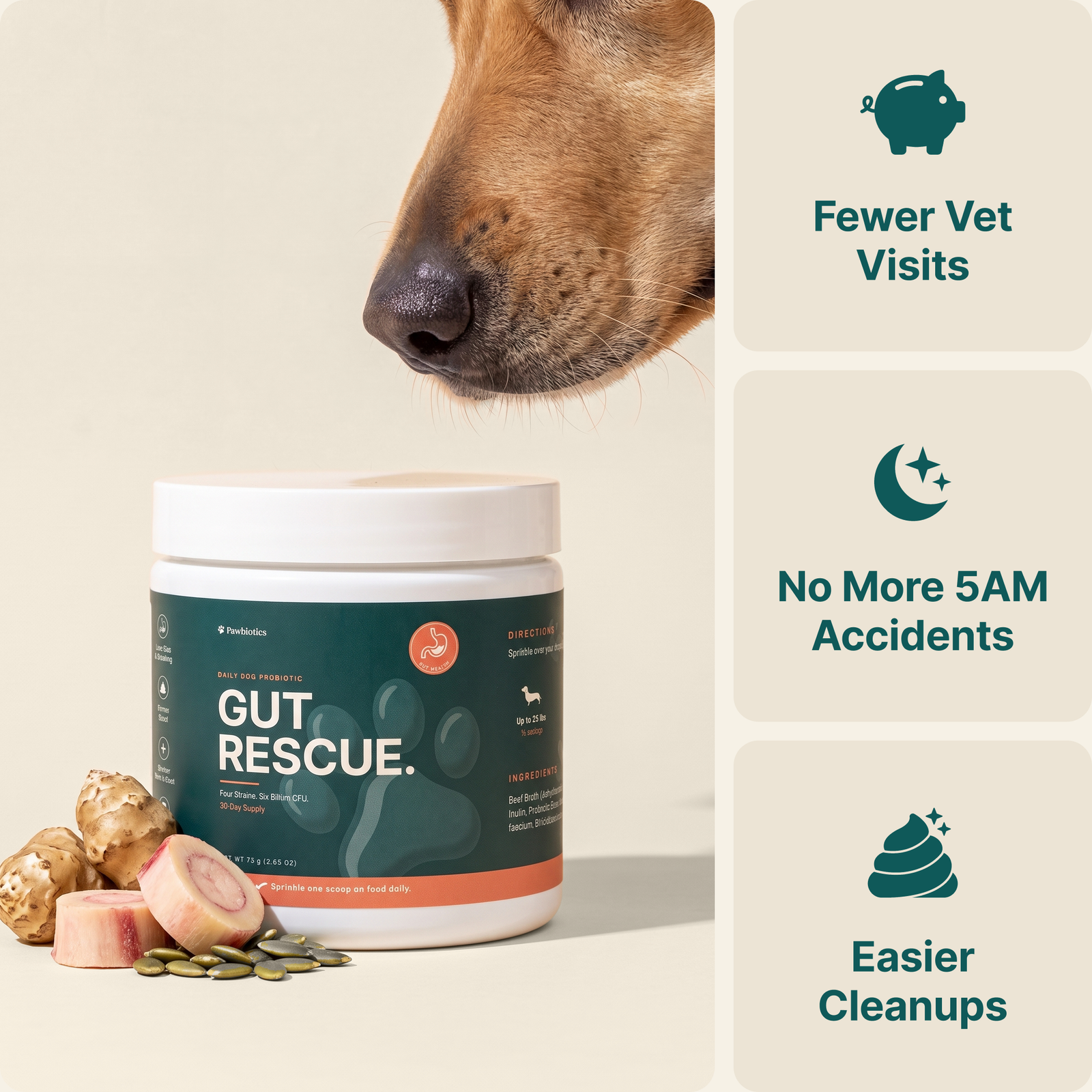 Gut Rescue jar with dog, plus Fewer Vet Visits, No More 5AM Accidents and Easier Cleanups