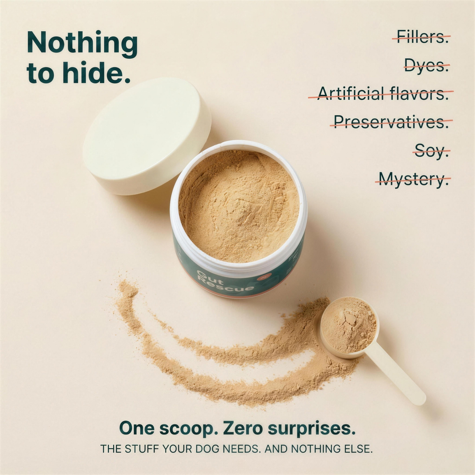 Nothing to hide - no fillers, dyes, artificial flavors, preservatives, soy, or mystery