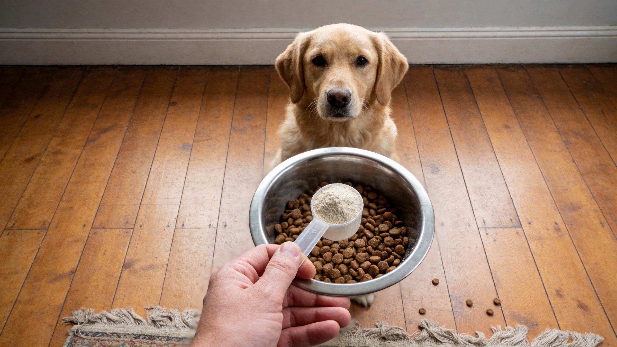 A scoop of Pawbiotics powder going onto a bowl of dog food while a golden retriever waits