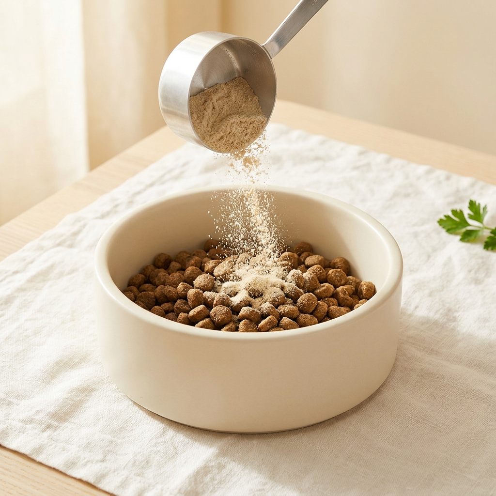 Pawbiotics powder being mixed into a bowl of dog food